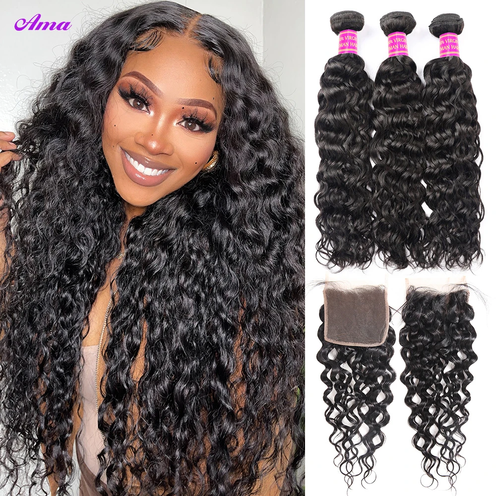 Water Wave  Bundles With Closure 4x4 inch Brazilian Human Hair Bundles With Closure Free Part 3/4 Bunldes With Closure