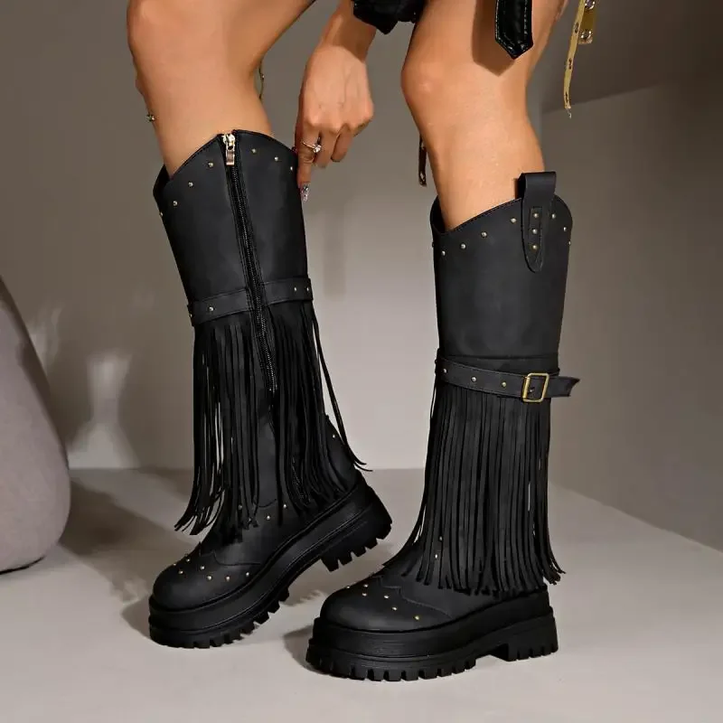 

Vintage Tassel Suede Knee High Boots Women Winter Comfort Thick Bottom Western Cowboy Boots Metal Rivet Woman's Long Boots