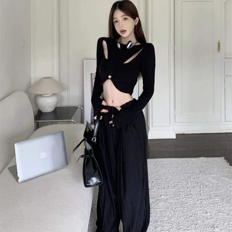 Hotsweet New Irregular Knitted Hollow Black T-shirts Women Fashion Slim Undercoat Long Sleeve Cropped Tops Y2K Girls
