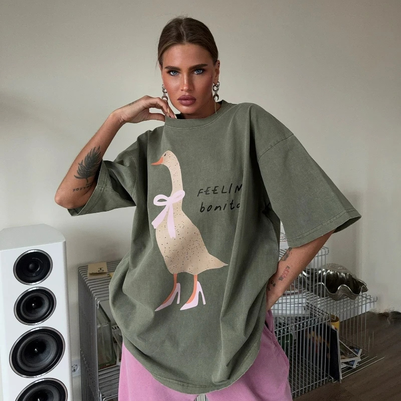 2026 Summer New Fashion Printed Five-sleeved T-shirt for Women Loose Casual Hot Girl American Niche Street Style Short-sleeved