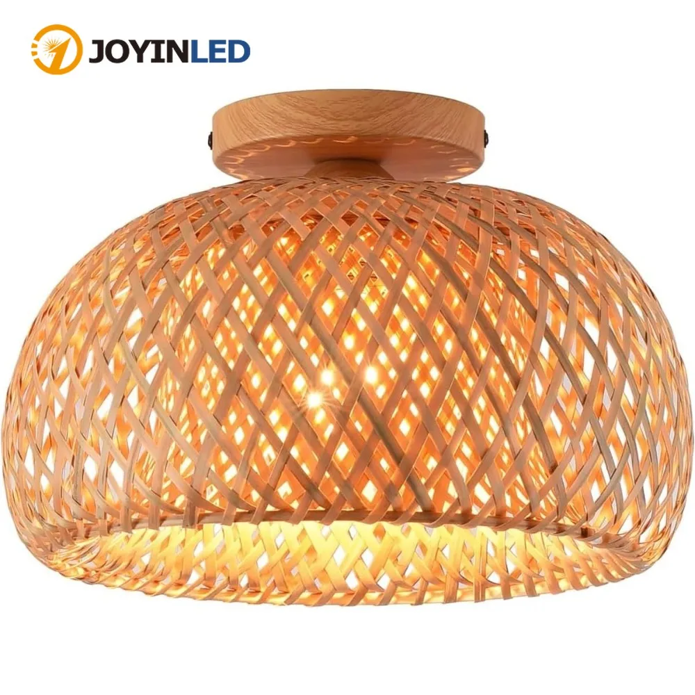 竹製シーリングライト織り込みランプシェード30-38cm籐製セミフラッシュマウントシーリングライト器具寝室保育園廊下用