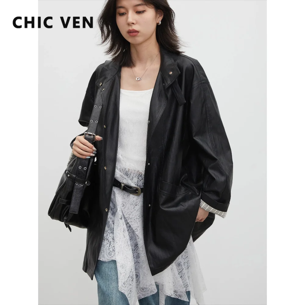 CHIC VEN Women Faux Leather Jackets Fashion Retro Casual Stand Collar Mid-length PU Coats Female Clothes Spring Autumn New 2026