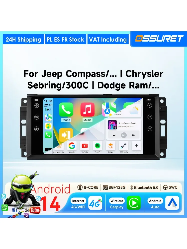7-calowe bezprzewodowe radio samochodowe z funkcją Carplay i Android Auto do JEEP COMPASS, PATRIOT, GRAND CHEROKEE, WRANGLER, DODGE JOURNEY, CHRYSLER 300C, z GPS, systemem audio i ekranem 7862. — 2