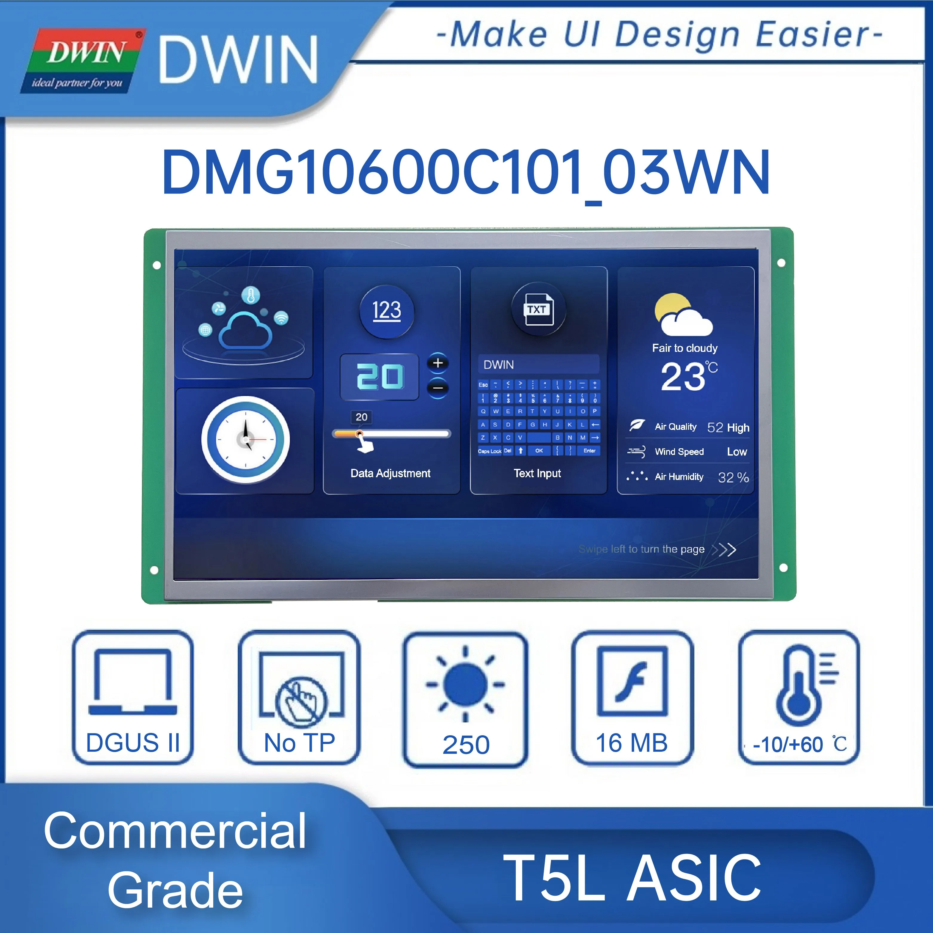 DWIN Kelas Komersial 10.1 Inci, Layar Sentuh HMI 1024*600 UNTUK Arduino/STM32, Layar IPS, RGB/TTL/RS 232