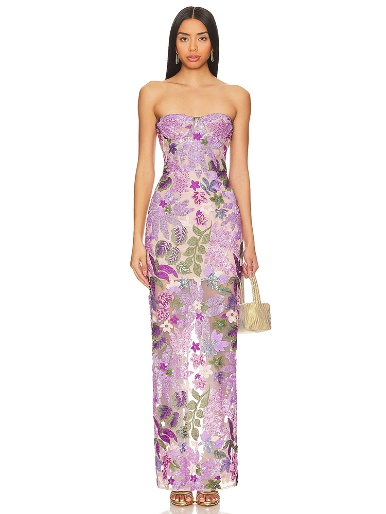 VC New Sexy Luxury Women Lavender Strapless Floral-Embroidered Sequin Long Dress Flower Sequined Slim Dresses Evening Party Gown