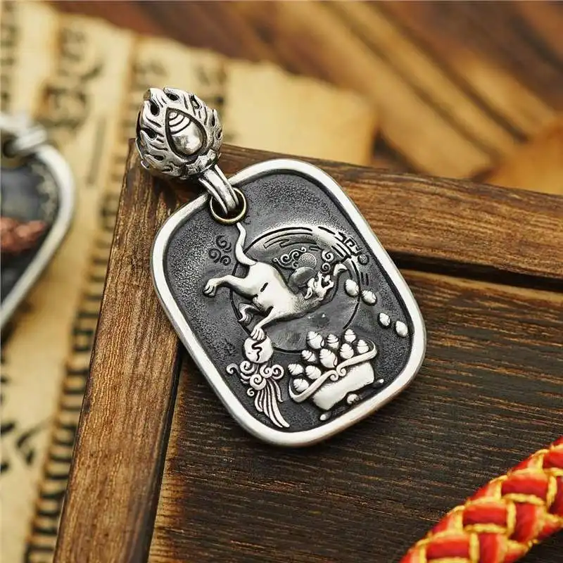 Ethnic Style Black Jambhala Pendant Men Jewelry Vintage Relief Divine Beast Auspicious Clouds Safety Card Necklace Male Amulet