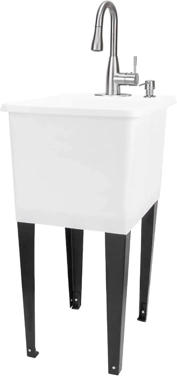 White Space Saver Utility Sink, Freestanding Tehila Space Saving Laundry Tub, Stainless Steel Pull-Down Faucet, Soap Dispenser