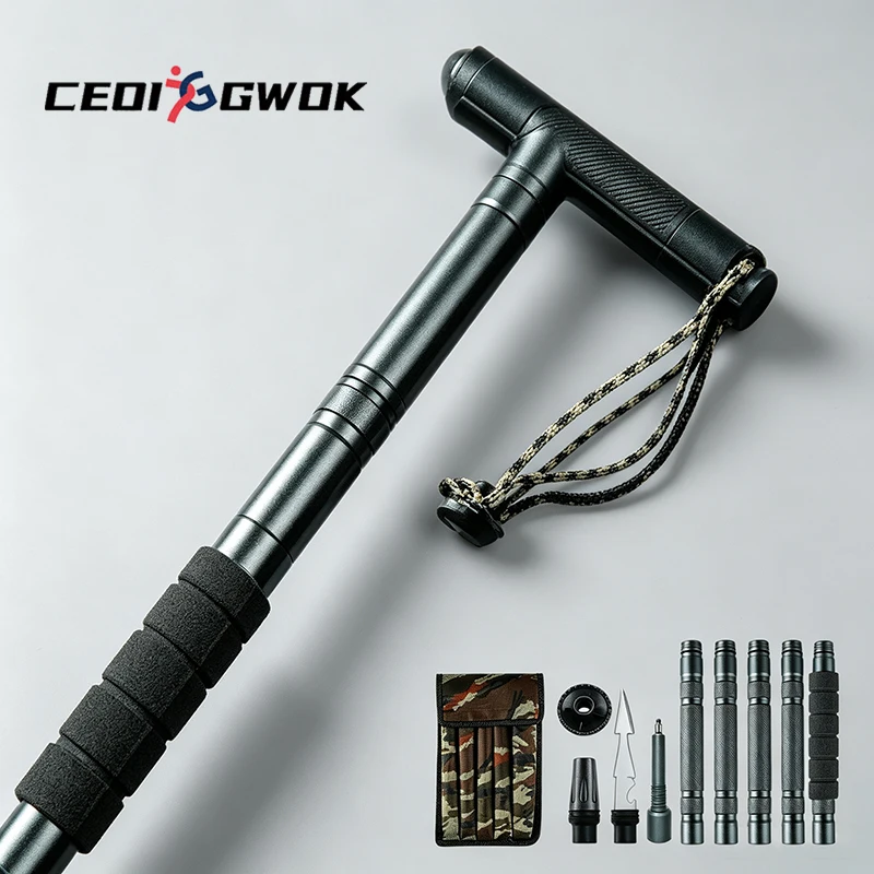 CEOI GWOK Outdoor Hiking Stick Foldable Trekking Pole 6063 Aluminum Adjustable Walking Stick Staff T Grip Trekking Poles