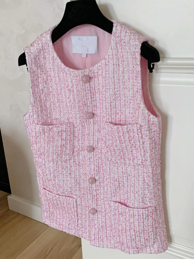 

Pink Unique Beautiful Women's Vest Outerwear High-End European Style Button-Up Polyester Fiber 2025 Summer Season Regular Fit