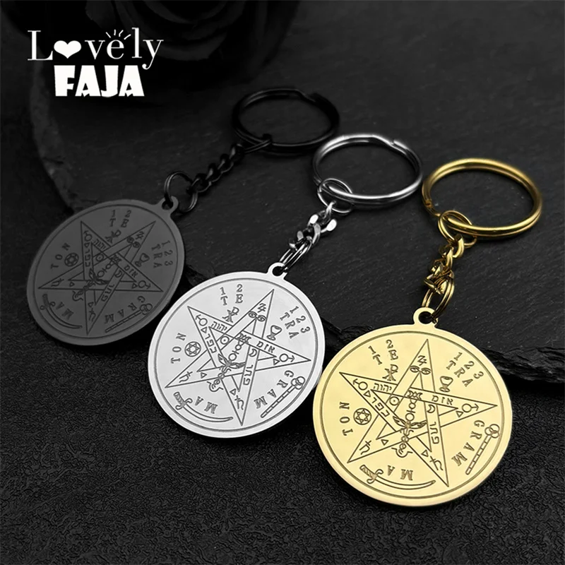 Gothic Gold Color Pentagram Key Chain for Women Stainless Steel Witchcraft Original Tetragrammaton Solomon Amulet Jewelry