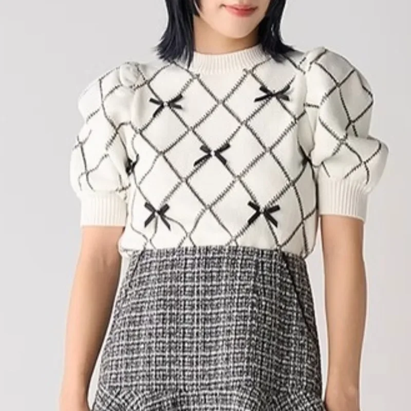 O-neck Puff Short Sleeve Knit Pullovers Sweet Argyle Bow Spring Summer Women Sweaters 2024 New Japan Style Chic Lady Top