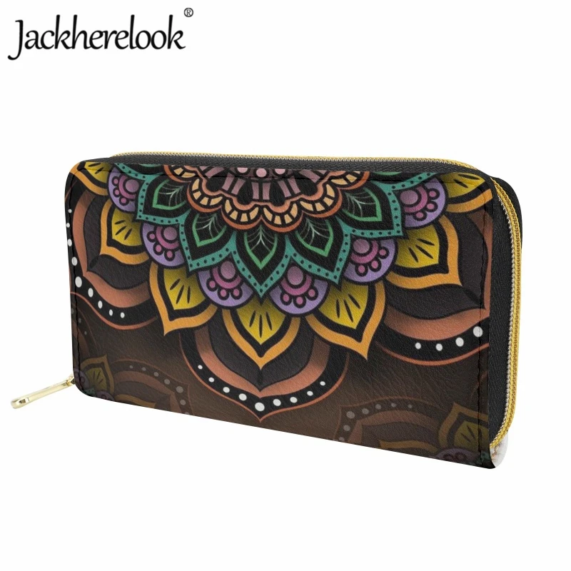 Jackherelook Fashion Women's Leather Wallet Trendy Mandala Pattern Printed Purse Card Holder Ladies Long Clutch Money Bag Gift