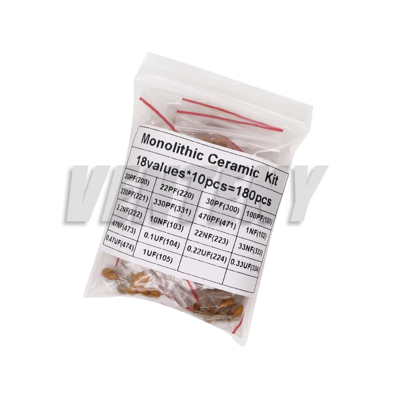 180PCS Monolithic Ceramic Capacitor Kit 18values*10pcs 20PF-1UF 50V Capacitance Assorted DIY Set