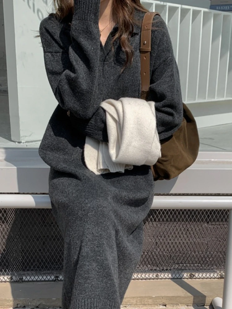 Robe longue tricotée à revers pour femme, manches longues, couleur unie, décontractée, épaisse, chaude, ample, pull, nouvelle collection automne hiver