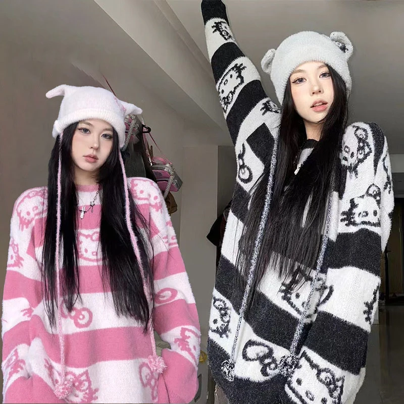 Anime Cartoon Hello Kittys Oversize Mid-Length Sweater Striped Lazy Style Fashionable Women\'s Printed Pullover Bottoming Sweater