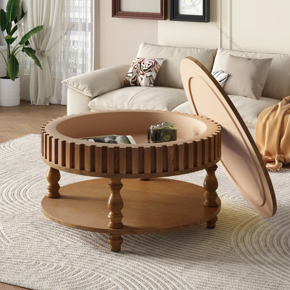 Farmhouse Fluted Coffee Table with Storage and Flip-Top Lids, Rustic Brown Center Table for Living Room Spacious Hidden Storage