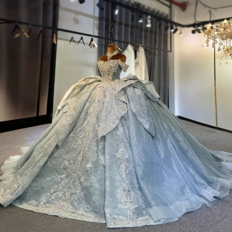 

Shiny Light Blue Quinceanera Dresses Off the Shoulder Sequins Crystal Decal Long tail Bow Vestidoe 15 Quinceanera Customize