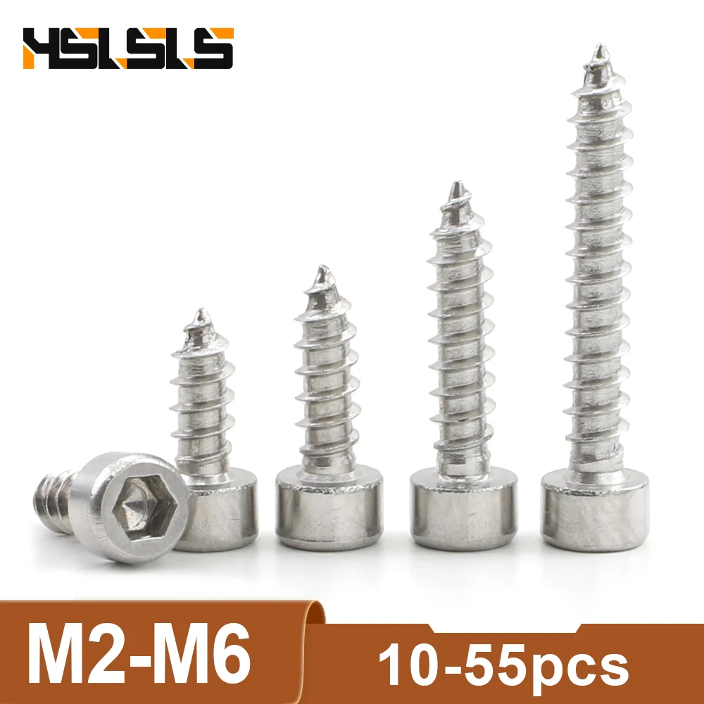 HSLSLS 10-55pcs Allen Head Tapping Screws M2 M2.5 M3 M3.5 M4 M5 M6 Stainless Steel Hex Socket Self Tapping Screw for Speaker