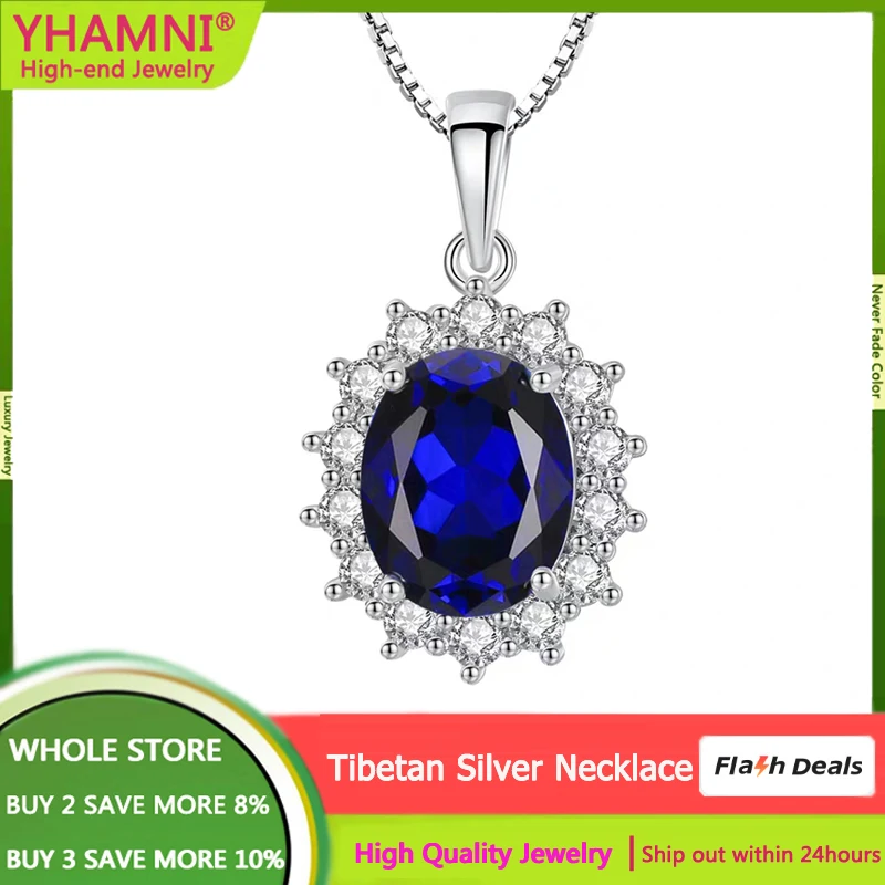 

Princess Diana Created 3CT Blue Sapphire Necklace Non Allergic White Tibetan Silver Pendant Necklace Women Luxury Jewelry YN345