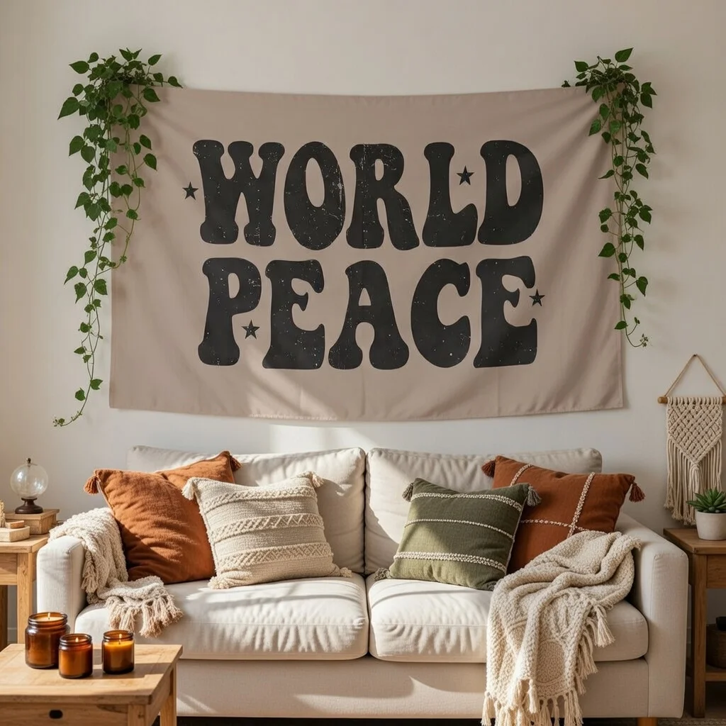 Vintage World Peace Distressed Fabric Wall Tapestry Retro Grunge Black Lettering Aesthetic Beige Banner Hanging Decor for room