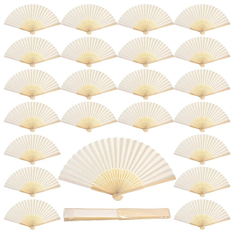 

60 Pcs White Hand Fan Bamboo Folding Fan Handheld Wedding Fans For Bridal Dancing Party Favors Church Home Office Decor