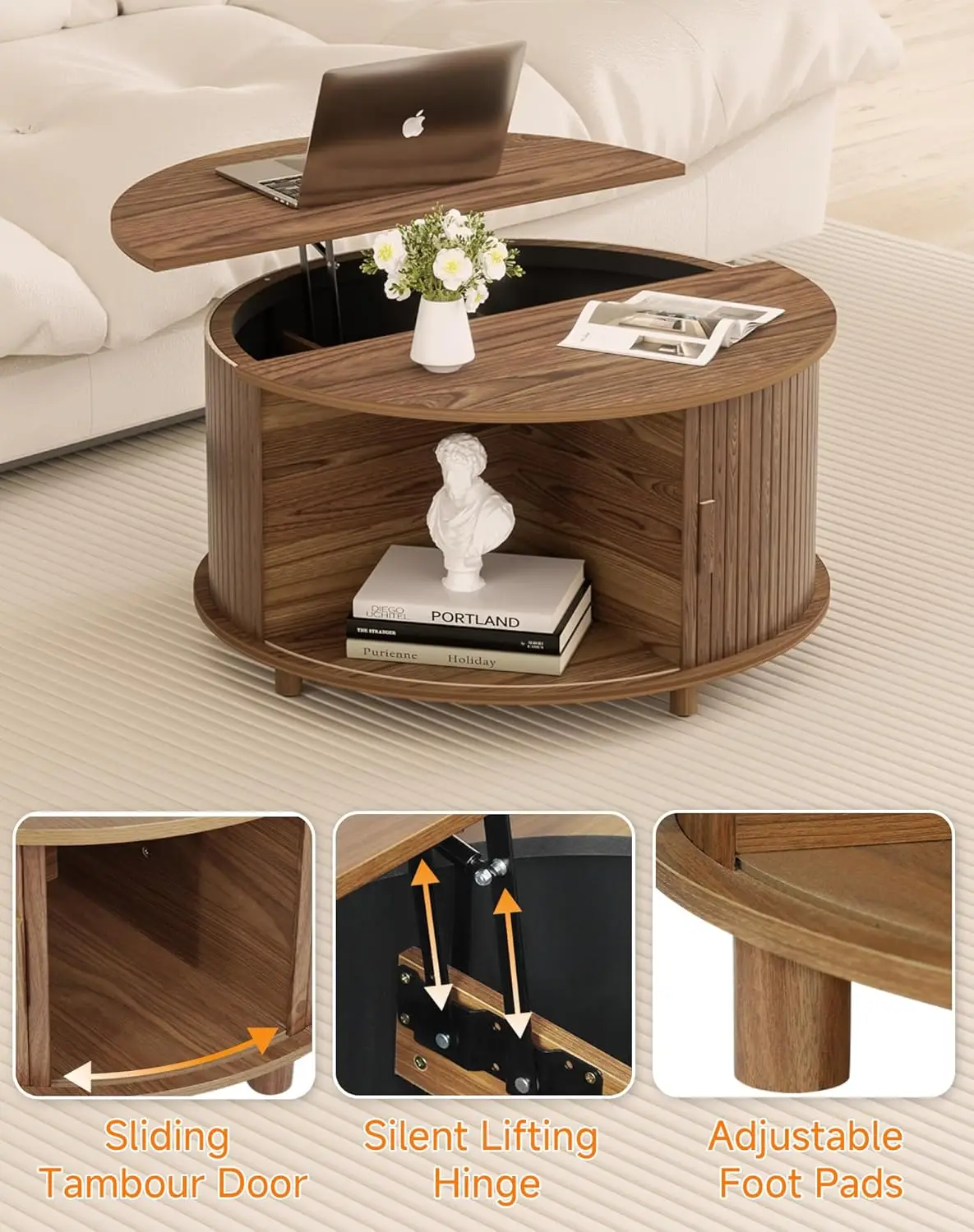 Round Lift Top Coffee Table with Storage, Mid Century Modern Center Table with 180° Sliding Tambour Door, Small Circle Wood Flut