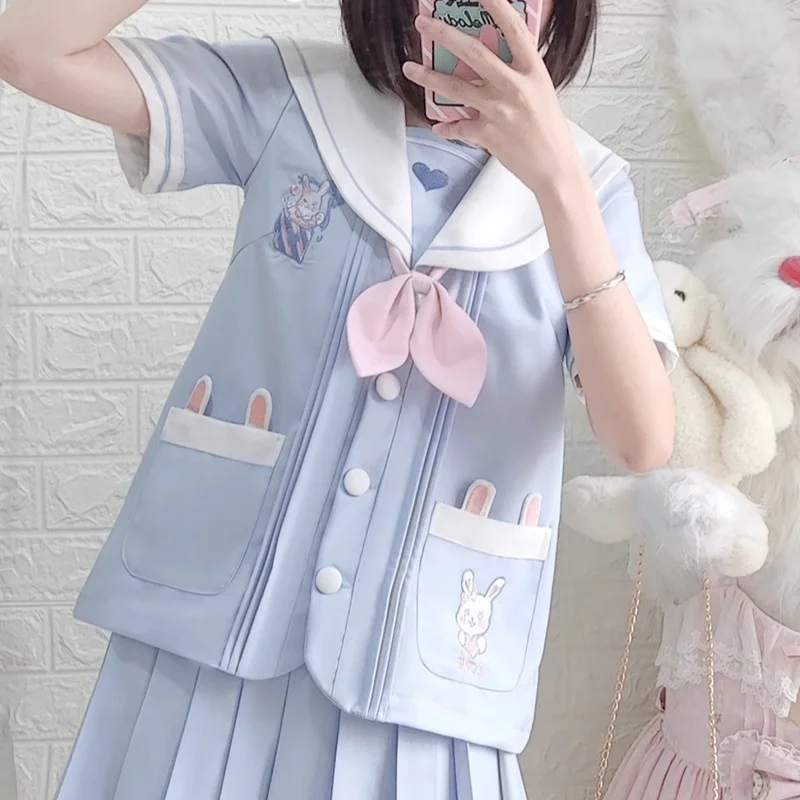 Japanese Style JK Uniform Sailor Collar Cartoon Blue White Color Matching Long Short Sleeve Pocket Top Skirt Embroidery Set Girl