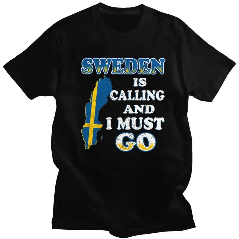 Mens Sweden Is Calling T Shirt Short Sleeve Cotton Tshirts Valentine's Day Gift Casual Sweden Flag Tee Loose Fit Clothing