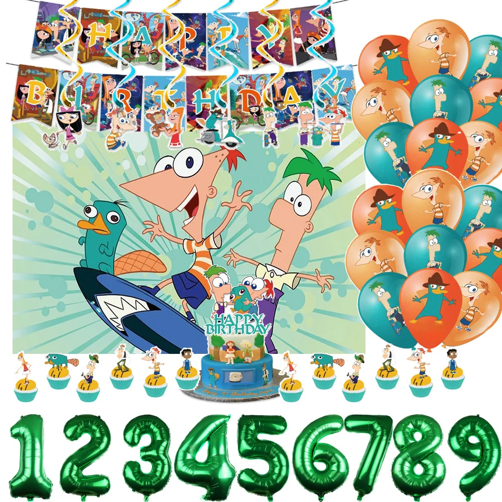 

Phineas and Ferb Birthday Party Decoration Background Disposable Platypus Pattern Balloons Cake Topper Kids Gift Supplies Props