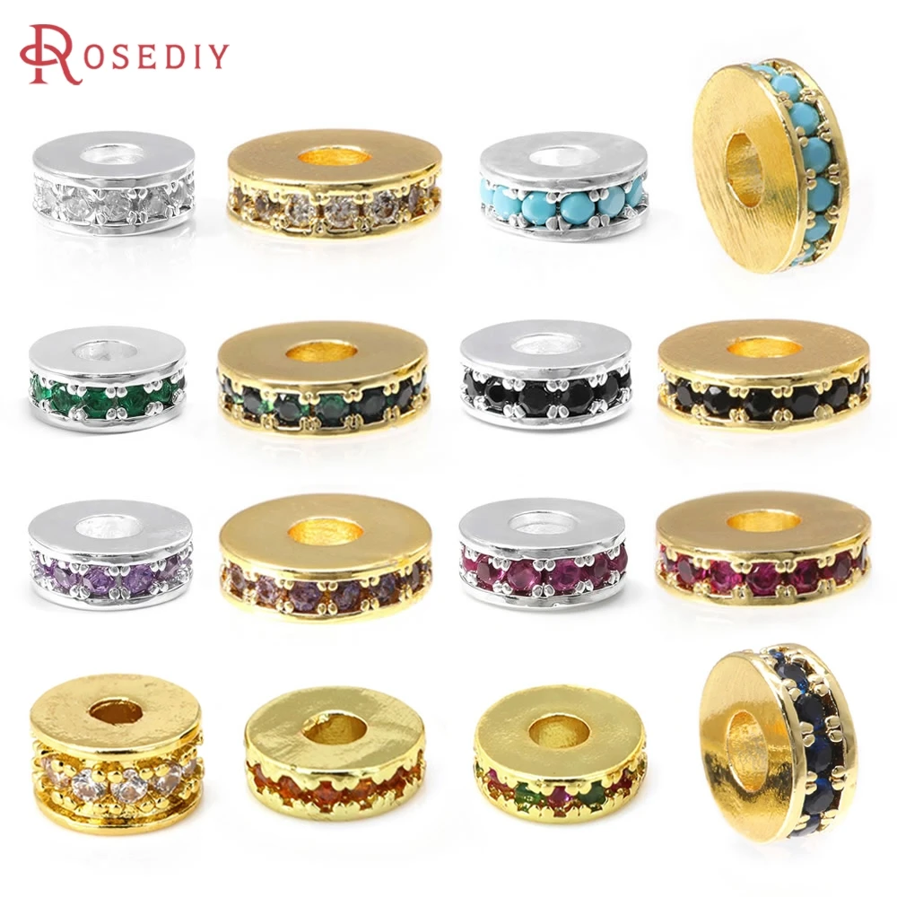 6PCS 6MM 8MM 18K Gold Color Brass Zircon Large Hole Wheel Spacer Beads Bracelets Beads High Quality Diy Necklace Earrings Making