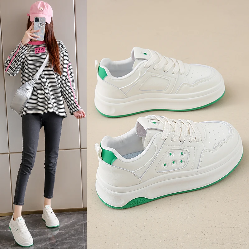 

Women's Round Toe Lace Up Chunky Platform Sneakers 5CM Heel Breathable Skin Friendly PU Upper Rubber Outsole Casual Shoes