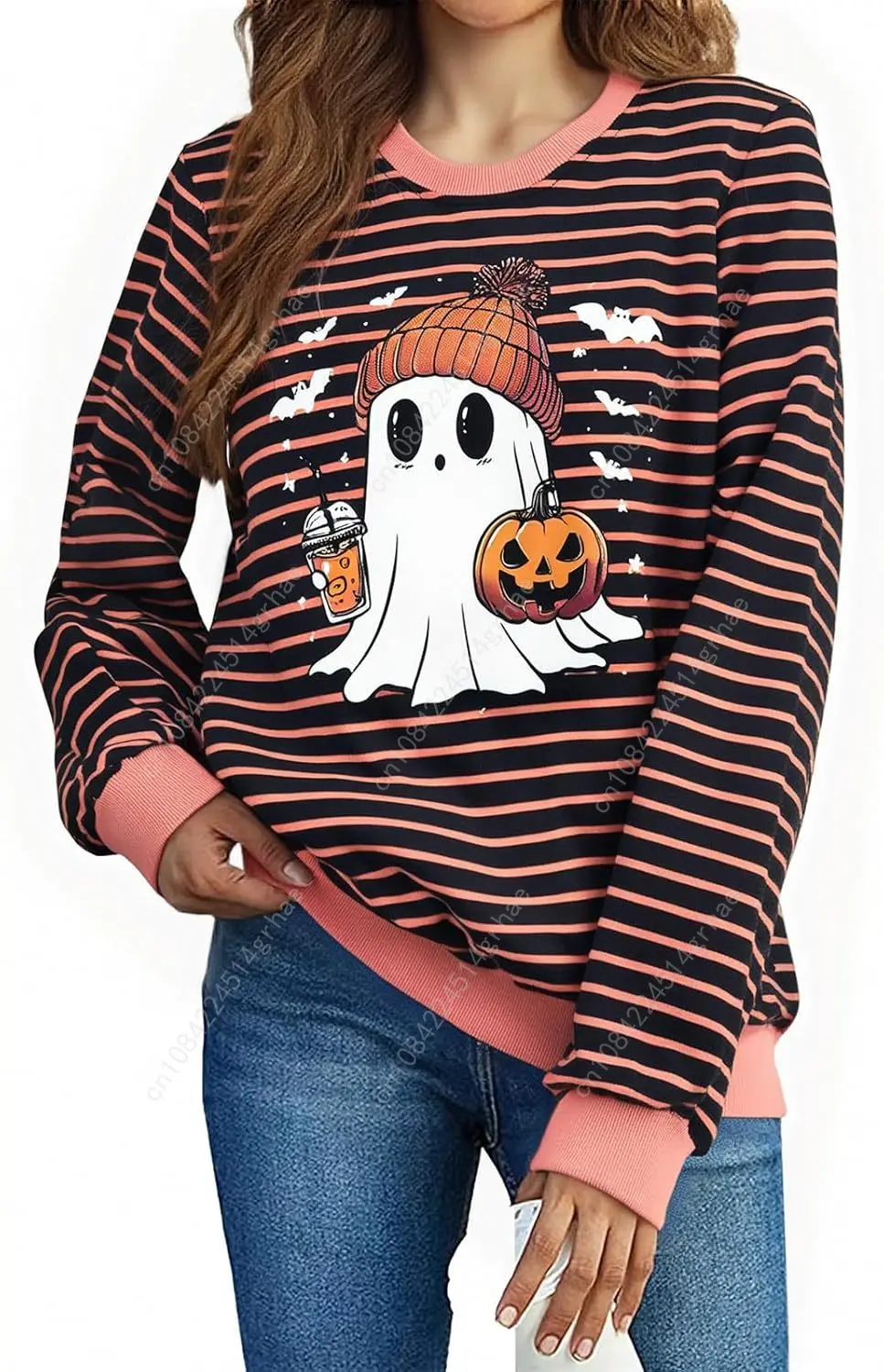 Bluzy na Halloween ASTANFY dla kobiet, koszulki z długim rękawem z motywem ducha i dyni, graficzne t-shirty dla miłośniczek kawy, jesienne, upiorne bluzy.