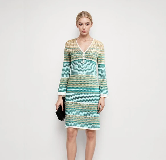 

Women V-neck long sleeve knitted dress slim fit hollow out evening birthday party mini dress