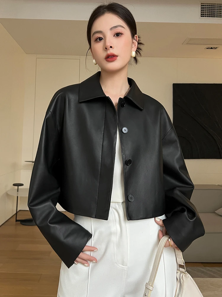 

Casual Cropped Genuine Leather Jackets for Women Spring Autumn Simple Single Breasted Soft Black Real Sheepskin Coat veste cuir