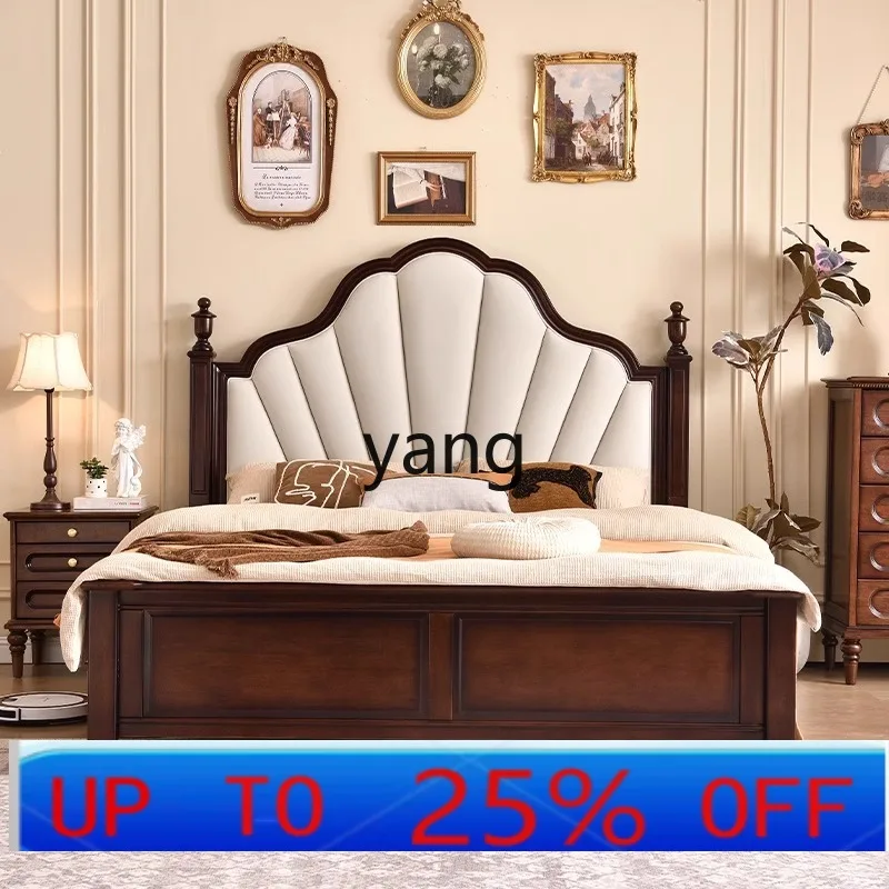 

LMM retro old dark petal soft bag master bedroom double storage full solid wood bed