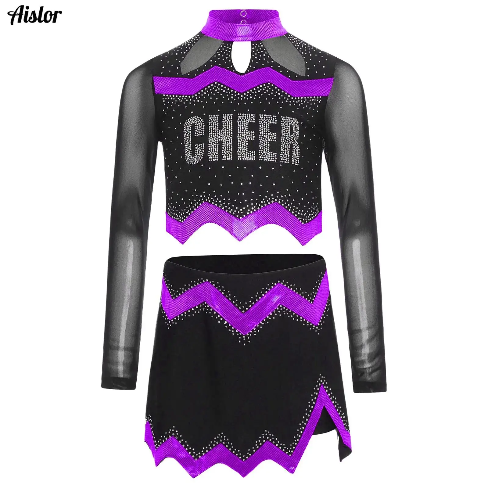 

Girls Cheer Leader Dance Costume Long Sleeve Hollow Out Shiny Rhinestone Crop Top+Split Skirt Cheer Uniform Streetwear Outfit