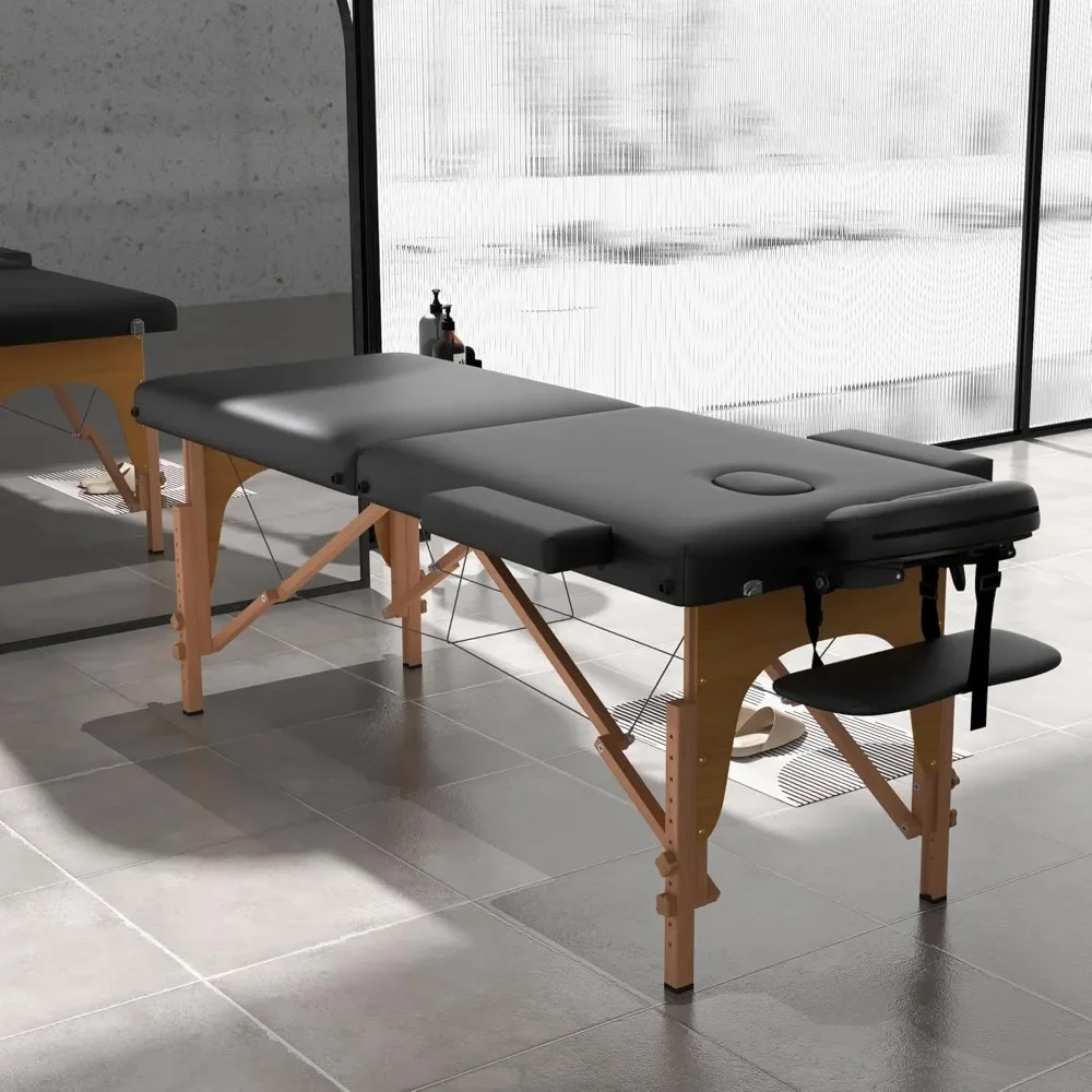 

Massage Table, Portable 2 Section Foldable Tattoo Beds, Height Adjustable Light Weight Facial Salon Bed w/Face Cradle&Wood Frame