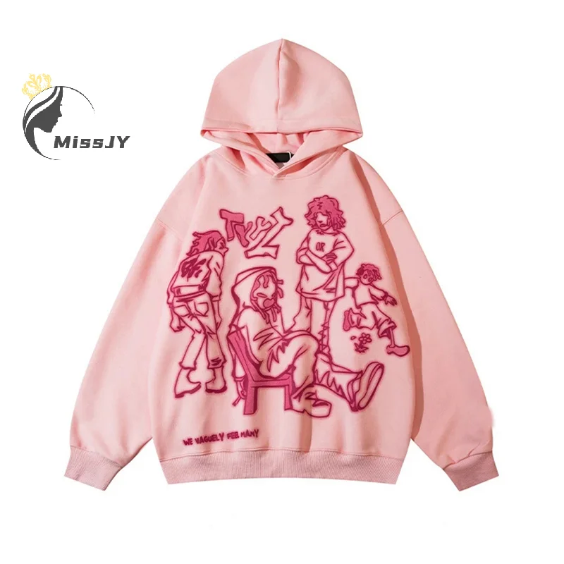 2024 Y2K Streetwear Pink Hoodie Sweatshirt Funny Graffiti Cartoon Print Loose Harajuku Anime Hooded Pullover Hip Hop Hipster