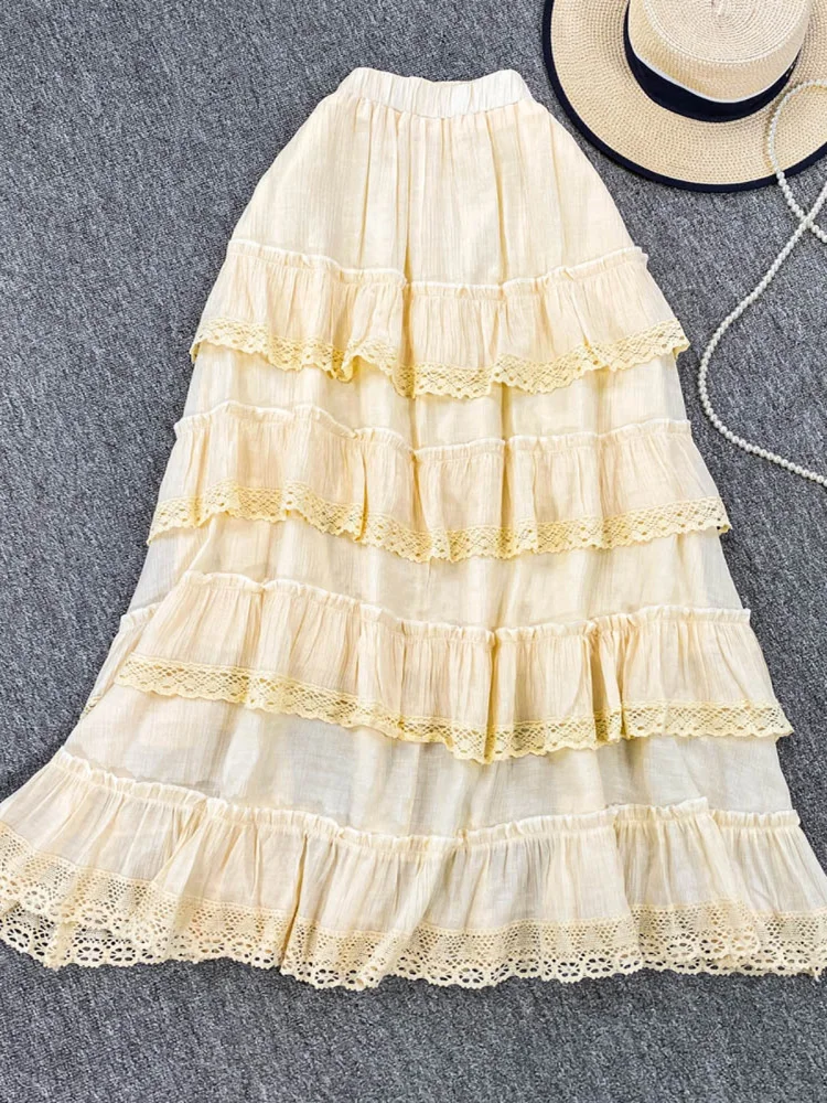 

Новинка 2025, модная кружевная юбка-миди f, женская повседневная утягивающая расклешенная юбка с высокой талией, корейская юбка-торт