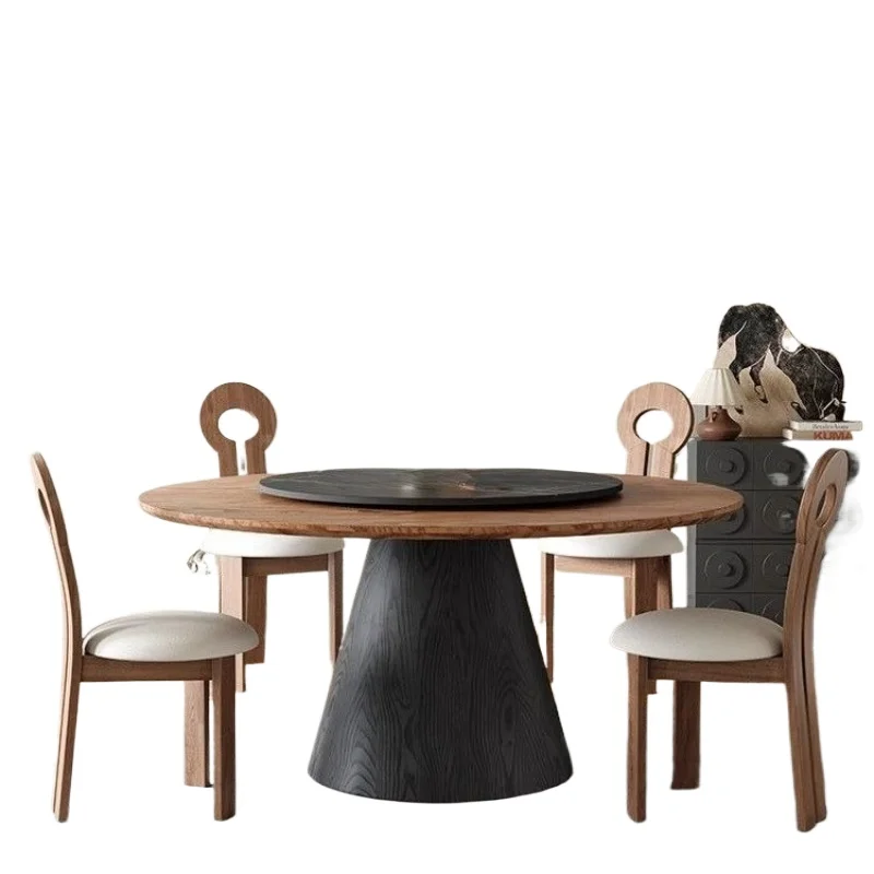 

French retro style full solid wood slate dining table and chair combination with turntable for small household