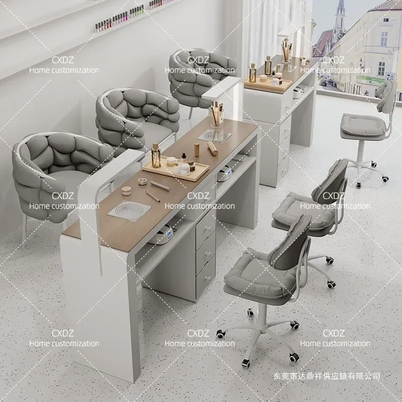 Cream Style Multifunctional Nail Art Table and Chair Set with Vacuum Cleaner Economical Single Double Manicure Desk for Salon