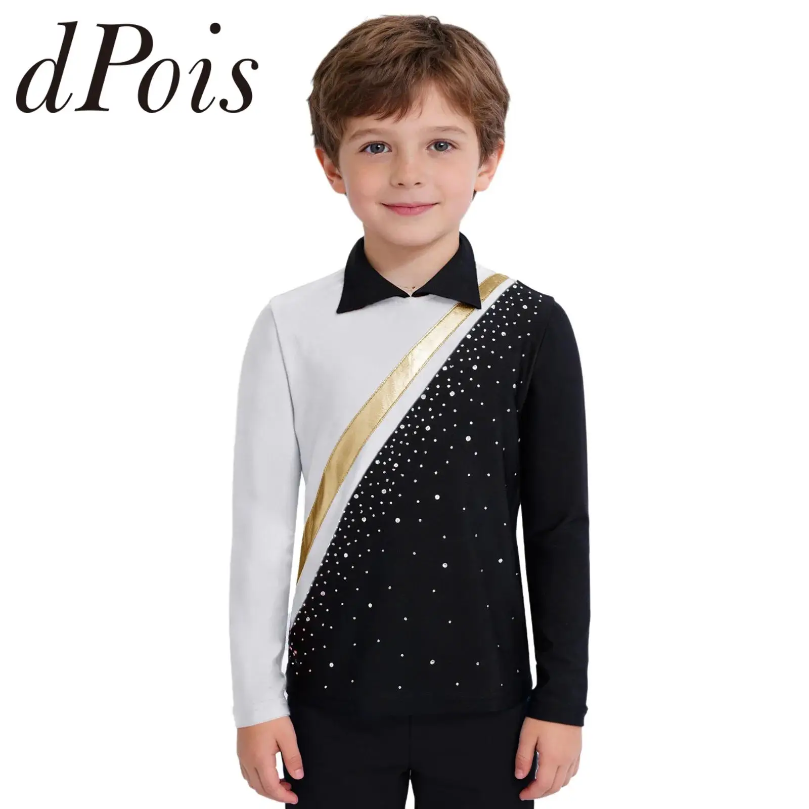 Boy Rhinestones Long Sleeve Top Latin Dance Ice Skating Clothes Kids Boys T-shirts Children Exercise Figure Skating Costume