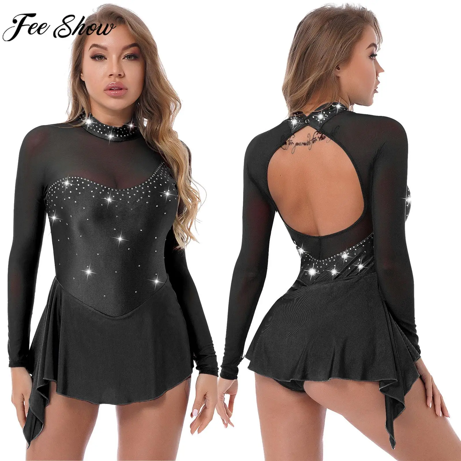 

Женское платье с длинным рукавом, блестящее Сетчатое лоскутное платье для бальных танцев, гимнастики, трико