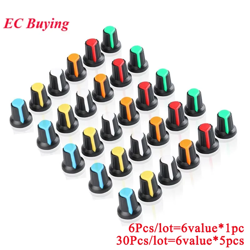 30 Stück/6 Stück WH148 Potentiometer-Knopf-Set, Kunststoff-Knöpfe, Kappe, 6 mm Wellenloch, AG2, Gelb, Orange, Blau, Weiß, Rot, Grün, 6 Werte x 5 Stück/1 Stück – Detail 1