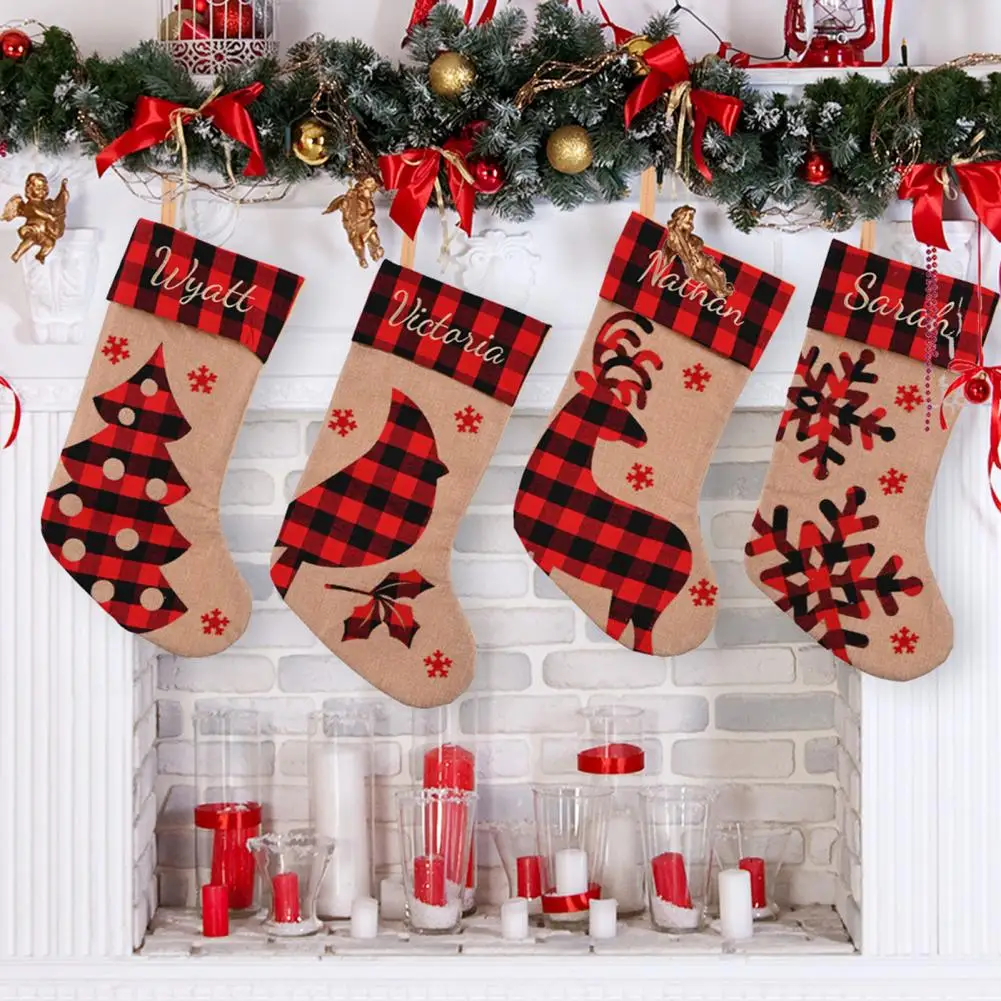 Personalized Christmas Stockings Buffalo Plaid Christmas Stockings with Reindeer Snowflake Decoration for Family for Kids