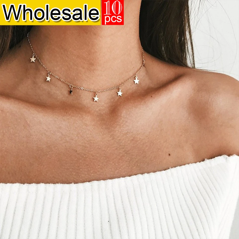 women 10PCS Golden Star Party Womens Pendant Necklace Fashion Women Choke Jewelry Simple Ladies Pentagon Accessories