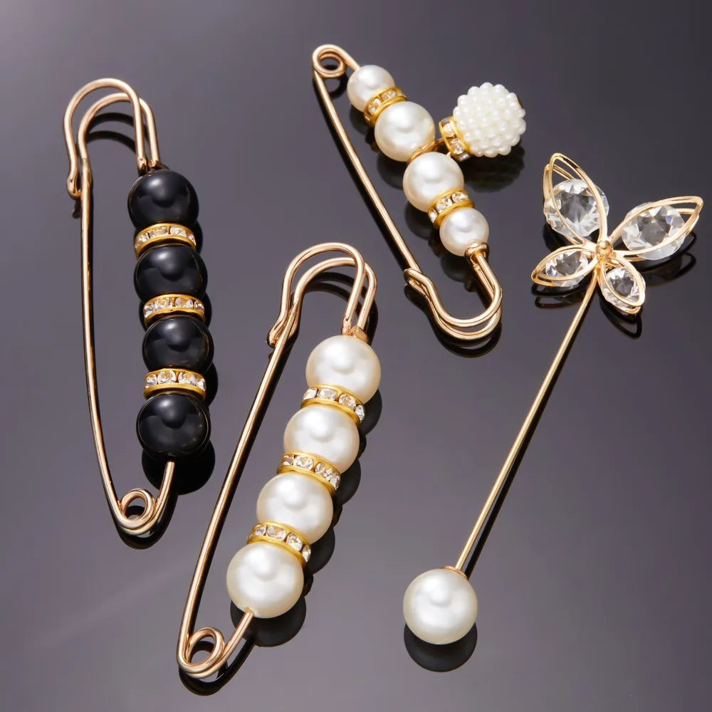 Luxury Exquisite Imitation Pearl Zircon Butterfly One-needle Pin Fixed Anti-slip Button Brooches for Women Suit Scarf Jewelry
