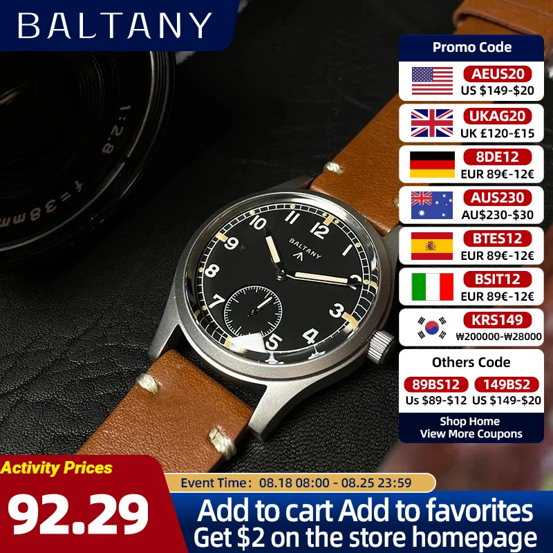 

Часы наручные Baltany D12 Мужские кварцевые, в винтажном стиле, с сапфировым стеклом, 36 мм циферблатом 100 м, водонепроницаемые, в стиле ретро