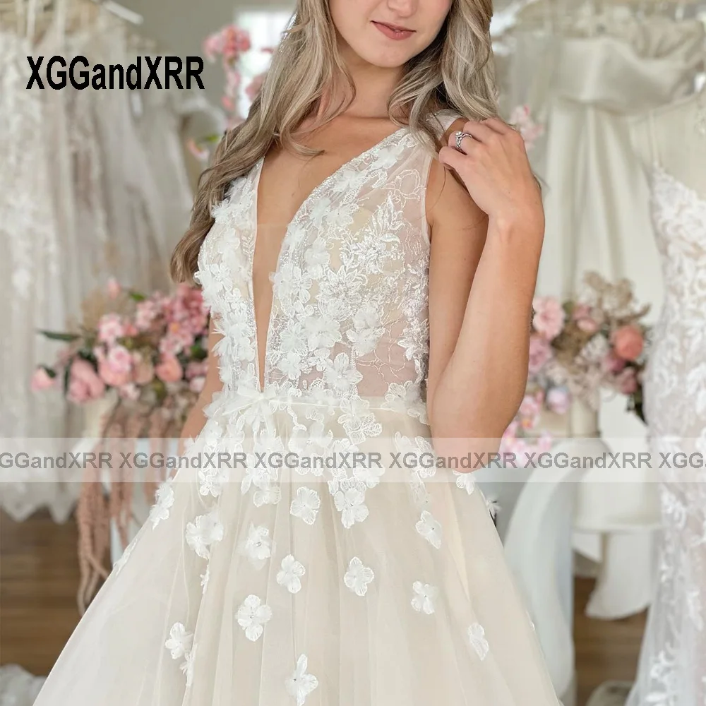 Vestido de novia de línea A para mujer, ropa de fiesta Formal sin mangas con cuello en V profundo, Apliques de encaje, longitud hasta el suelo, personalizada, 2024