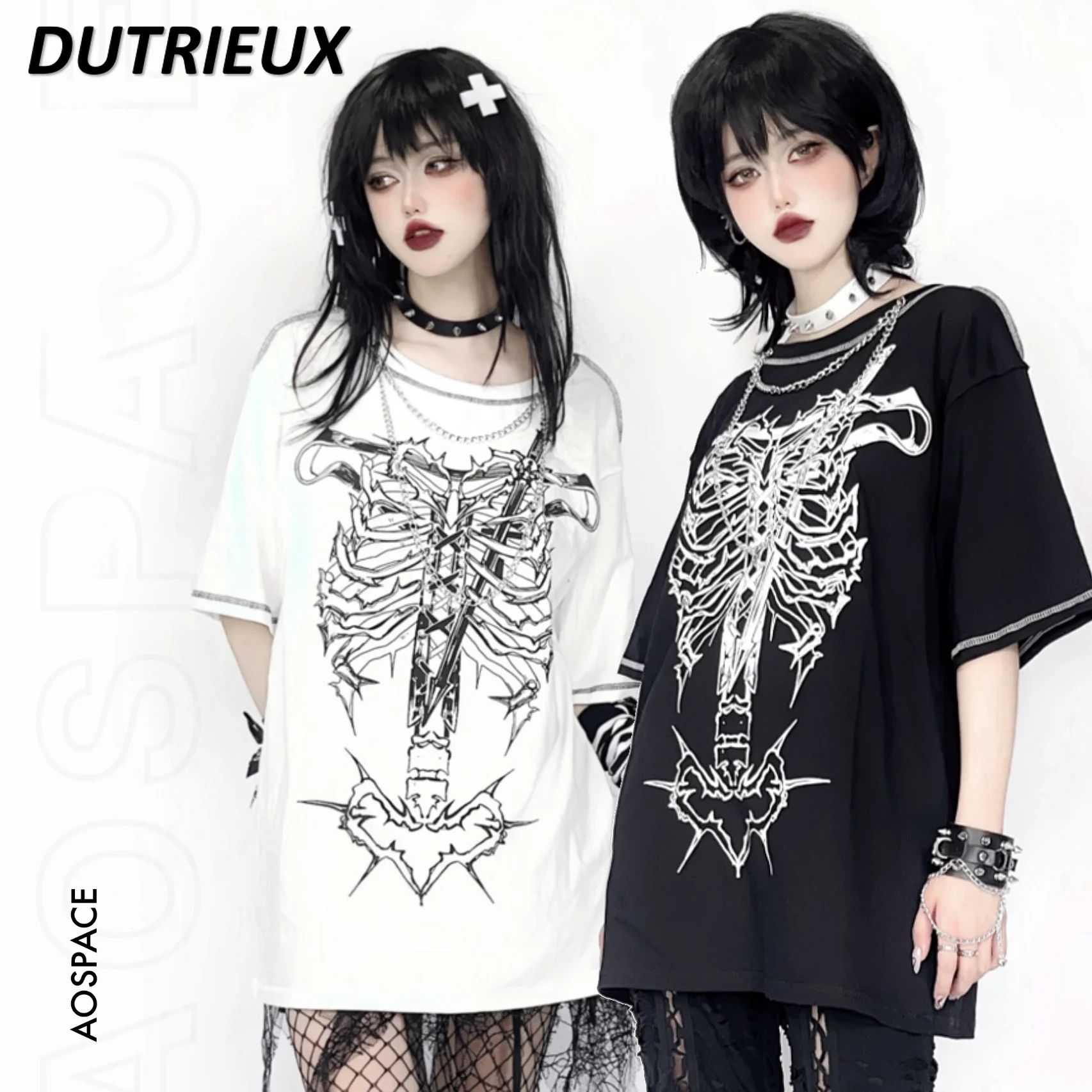 

Japanese Style Original Subculture Niche Crew Neck Tops Summer Sweet T Shirt Punk Print Dark Shoulder Short Sleeve T-shirt